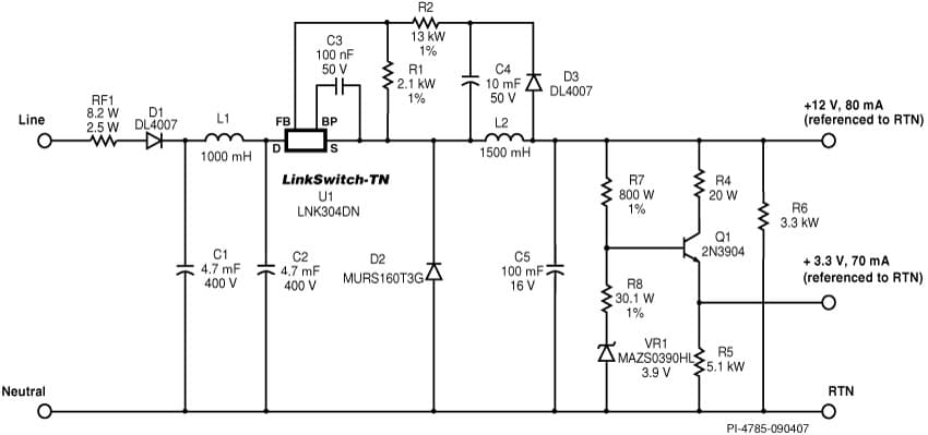 DI-139, LNK304DN, High Efficiency, Dual Output Buck Converter