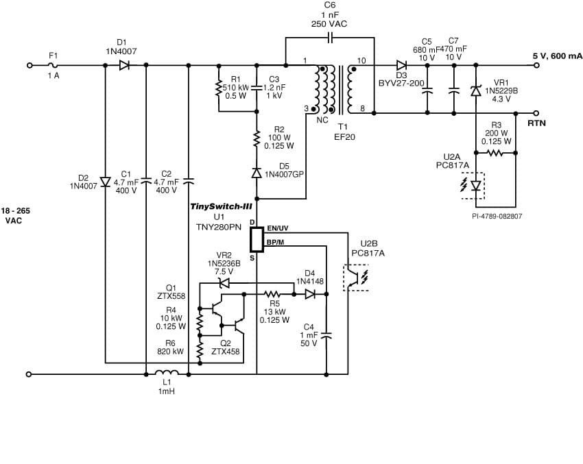 DI-152, TNY280PN, 3W, Ultra-Wide Range Input Power Supply for Industrial Controls