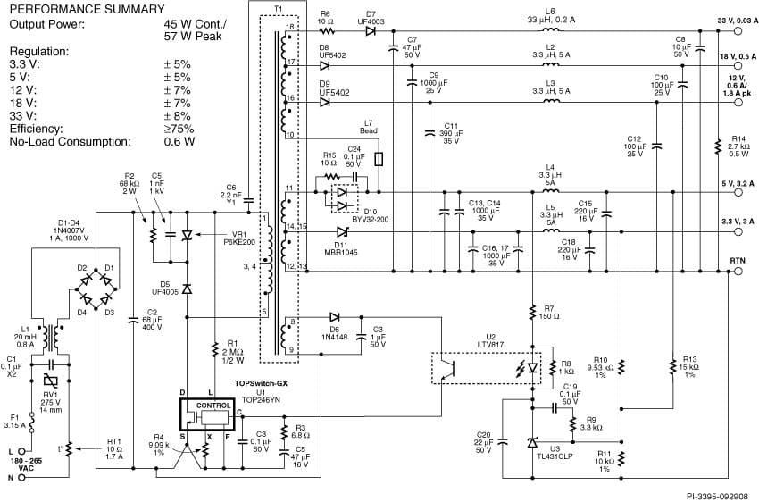 DI-16, TOP246YN, 57W, 230 VAC, Multi-output Set-top Box Power Supply