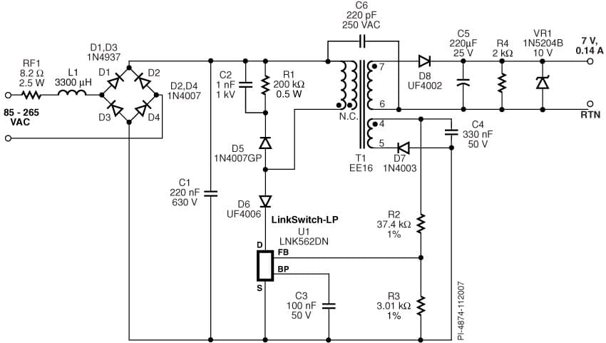 DI-164, LNK562DN, 1W, Low Cost, Linear Replacement Power Supply Eliminates Need For Input Electrolytic Capacitor