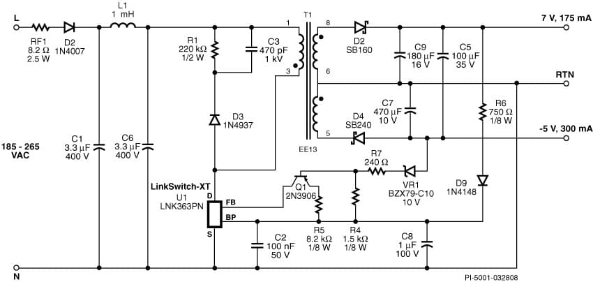 DI-179, LNK363PN, 2.7W, Dual Output, Non-isolated Power Supply with High Ambient Temperature Operation