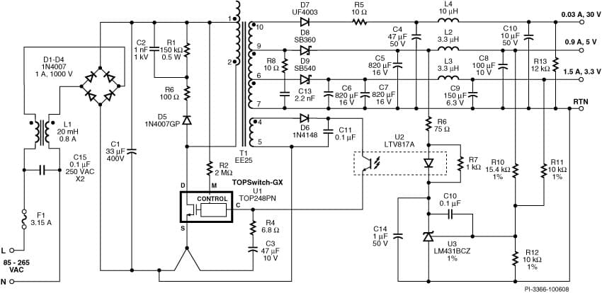 DI-23, TOP243PN, 10W, Multi-output, High Speed Modem Power Supply