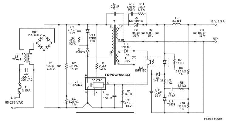 DI-43, TOP244Y, 30W, Universal Input, 12V Supply with <250mW No-load