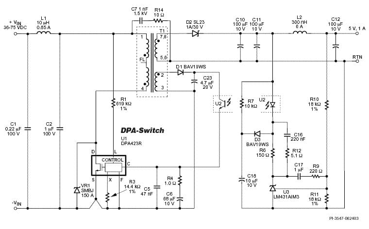 DI-51, DPA423R, 5W Flyback DC-DC Converter Reference Design