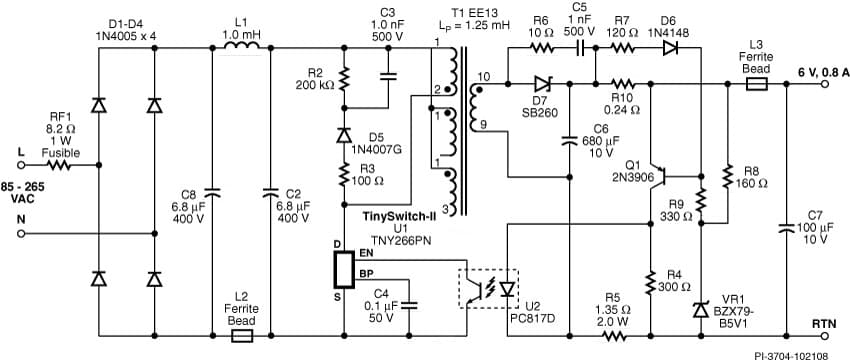 DI-63, TNY266PN, 4.8W CV/CC Charger with Output Cable-Drop Compensation