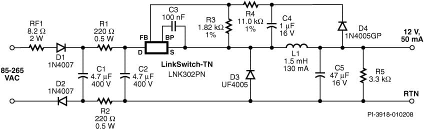 DI-80, LNK302PN, 0.6W Non-Isolated Utility Meter Power Supply