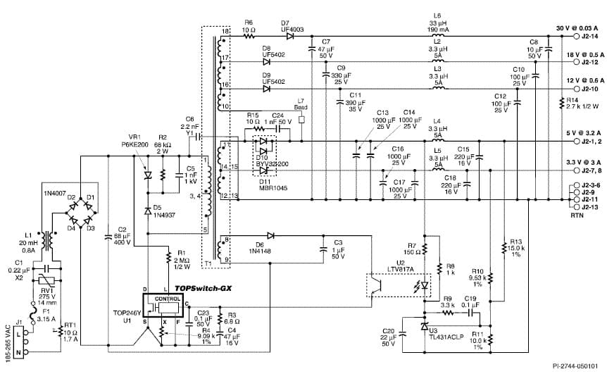 EPR-13, 43W/57W pk, 5 Output TOPSwitch-GX (TOP246Y) Power Supply