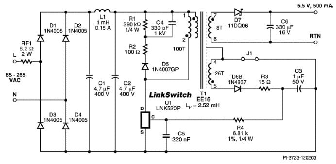 EPR-54, 2.75W Charger/Adapter Using LNK520P (LinkSwitch)