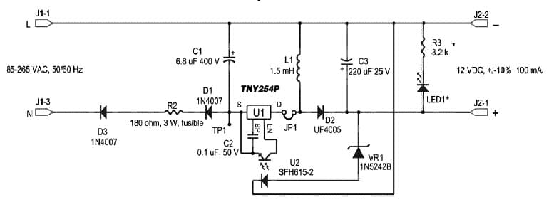 EPR-8, 1.2W, Universal Input, Non-isolated, TNY254 (EP8) Reference Design