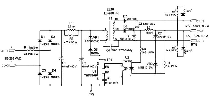 EPR-9, 5W, Universal Input, Dual Output, Isolated, TNY266 Reference Design