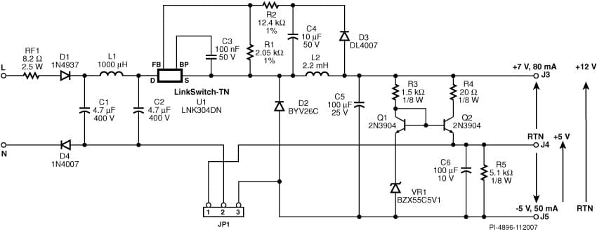 RDR-138, 1.2W Non-Isolated, Dual Output Buck/Buck-Derived Power Supply with Configurable Positive or Negative Outputs Using LNK304DN