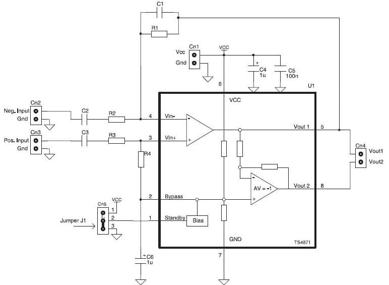 TS4871, low voltage audio power amplifier Evaluation Board