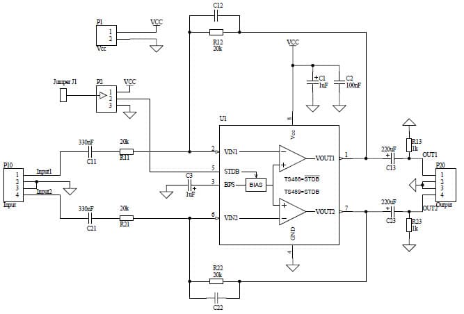 Evaluation board for the TS489 stereo HeadPhone driver