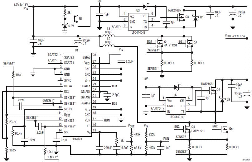 Synchronous Boost Converter Based on the LT3782A (VOUT = 24V at 8.5A, VIN = 8.5V to 18V)