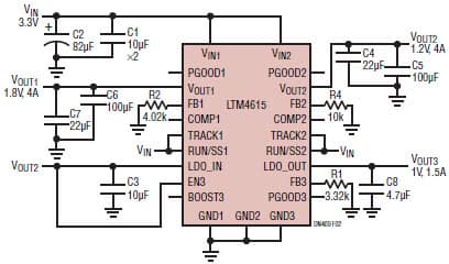 LTM4615, Triple Output LTM4615: 3.3V Input,1.8V (4A), 1.2V (4A), 1.0V (1.5A)