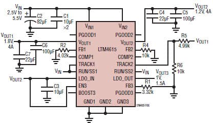 LTM4615, Output Voltage Tracking DesignVOUT2 (1.2V) Tracks VOUT1 (1.8V)