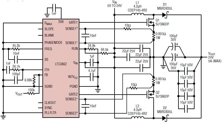 LTC3862, A 120W 2-phase, 24V/5A output car audio power supply