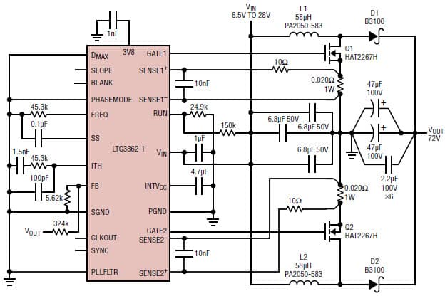 LTC3862-1, An 8.5V28V input, 72V/1.5A output low emissions diesel fuel injector actuator supply