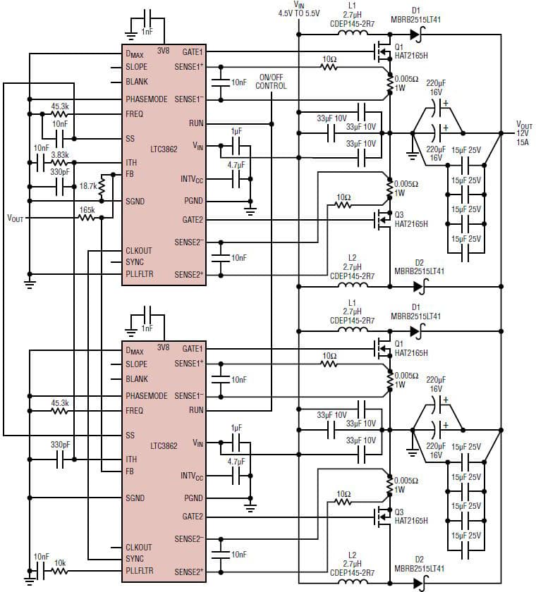 LTC3862, A 4-phase, 12V/15A industrial power supply that operates from a 5V input