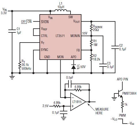 LT3571, APD bias supply with ultrafast current monitor transient speed