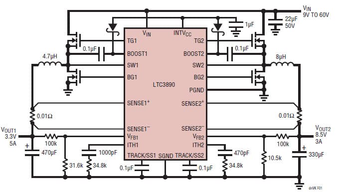 LTC3890, High Efficiency Dual 8.5V/3.3V Output Step-Down Converter