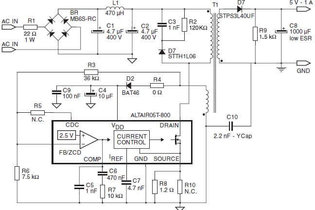 EVLALTAIR05T-5W, ALTAIR05T-800 5 W wide range CV-CC optoless adapter demonstration board