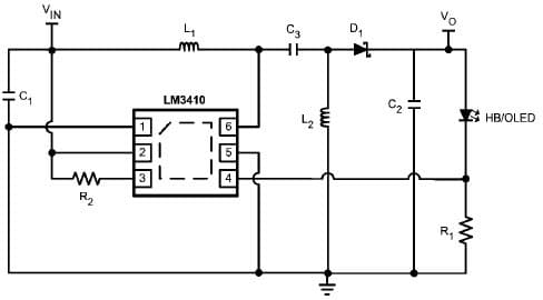 LM3410XSDSEPEV, demo board included in this shipment converts 2.7 to 5.5V input, and illuminates a 320mA HB/OLED using LM3410X 1.6MHz LED driver switching converter