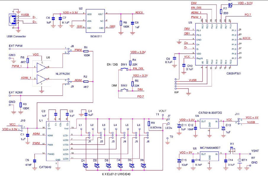 CAT3649, Evaluation Board for the CAT3649 6-Channel Quad-Mode LED Driver with an Ambient Light Sensor circuit