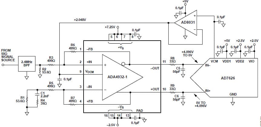 0 to 4.096V ADC Single Ended To Differential Conversion for Instrumentation