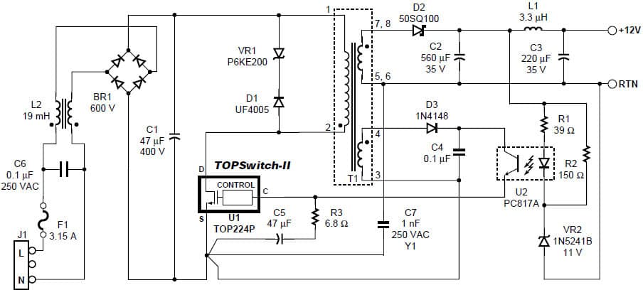 RD5, TOPSwitch, 85 to 265 VAC Input, 20W (30W Peak) Output