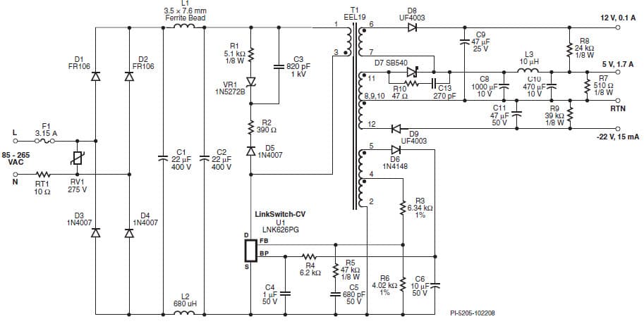 LNK626PG, 7W (10W peak) Multiple Output Flyback Converter for DVD Applications with Primary Sensed Feedback