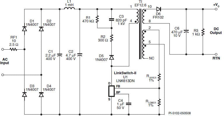 LNK613DN, Typical LinkSwitch-II Flyback Power Supply