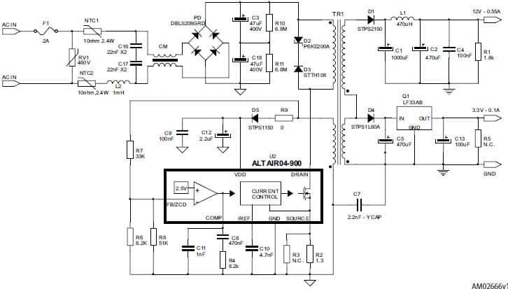 Double output SMPS for power line application using ALTAIR04-900 primary controller