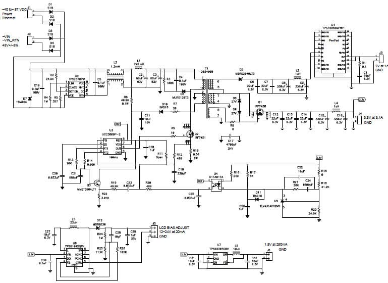 SLUU167, 1.5V, 3.3V, 5V, 12 to 24V DC to DC Multi-Output Power Supply for PoE Point of Sales Terminal