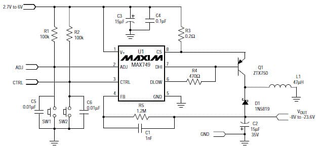 MAX749EVKIT-SO, Evaluation Kit for MAX749 -8 to -23.6V DC to DC Single Output Power Supply for LCD Display