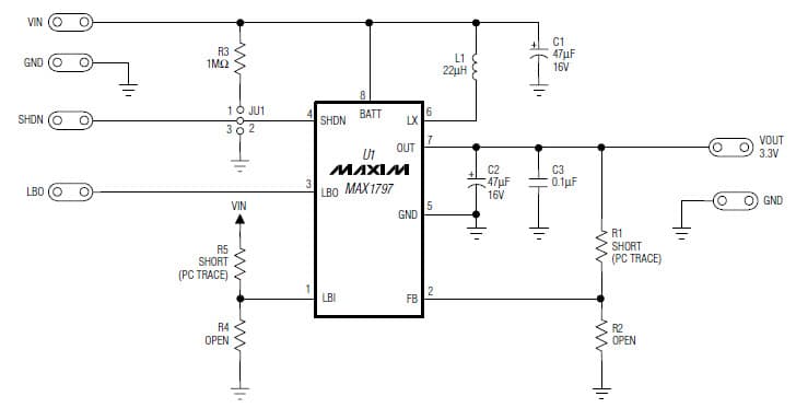 MAX1797EVKIT, Evaluation Kit for MAX1797 2 to 5.5V DC to DC Single Output Power Supply for Portable