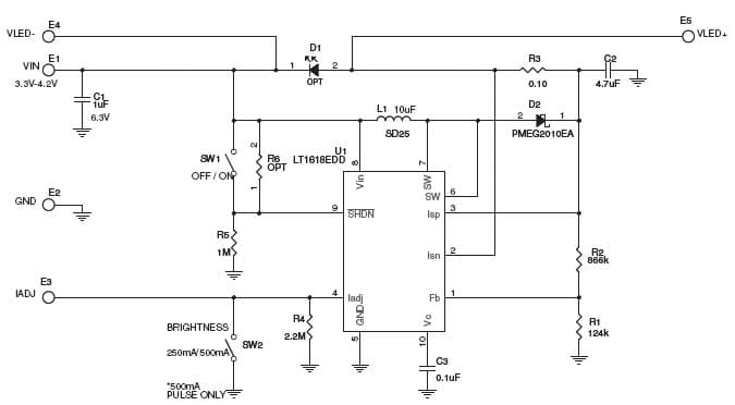 LT1618EDD Demo Board, Constant-Current 1.4MHz White LED Driver, Vin +3.3V - 4.2V