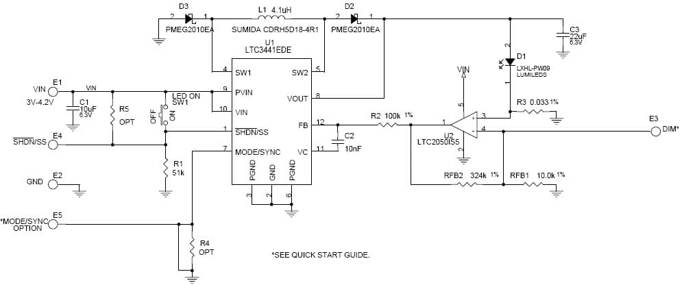 LTC3441EDE Demo Board, Synchronous 1 MHz Luxeon III White LED Driver, Vin = 3V - 4.2V