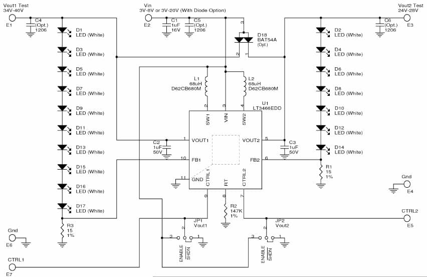 LT3466EDD Demo Board, Dual High Efficiency White LED (7/10) Driver, Vin = 3V - 8V or 3V - 20V (with Diode Option), Vout1 Test = 34V - 40V, Vout2 Test = 24V - 28V