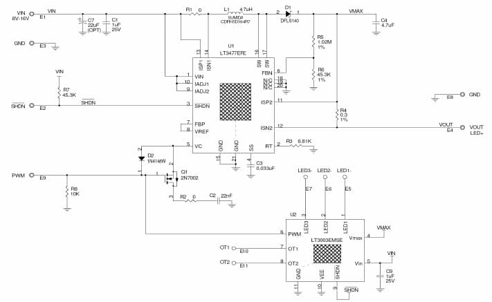 DC1130A, Demonstration Board using LT3477 boost regulator, PWM dimming LED driver