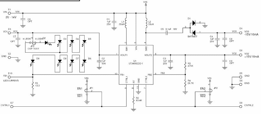 DC915A, Demonstration Board using LT3466-1 step-up converter, high efficiency white LED driver