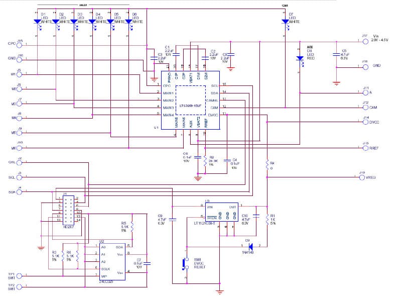 DC880A, Demo Board Using LTC3209EUF-2 600mA Main/Camera LED Controller