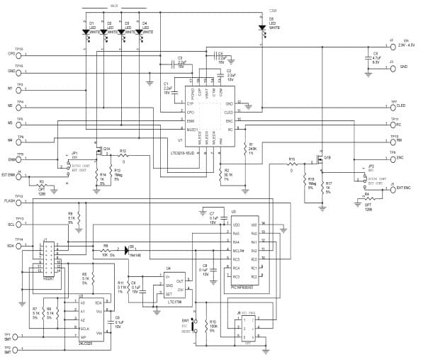 DC1022A, Demonstration Board using LTC3210-1 low noise charge pump for four main LEDs