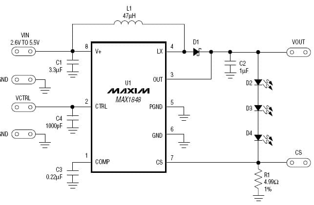 MAX1848EVKIT, Evaluation Kit for MAX1848 3-LEDs White LED Driver for Wireless