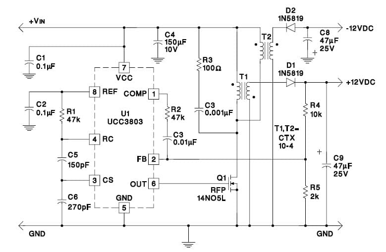 Single Switch Flyback Circuit Converts + 5 VDC to +/- 12 VDC for RS-232 and RS-422 Applications