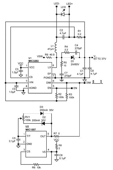 MIC3202YME EV, Evaluation board for featuring MIC3202 is a hysteretic step-down, constant-current, High-Brightness LED driver