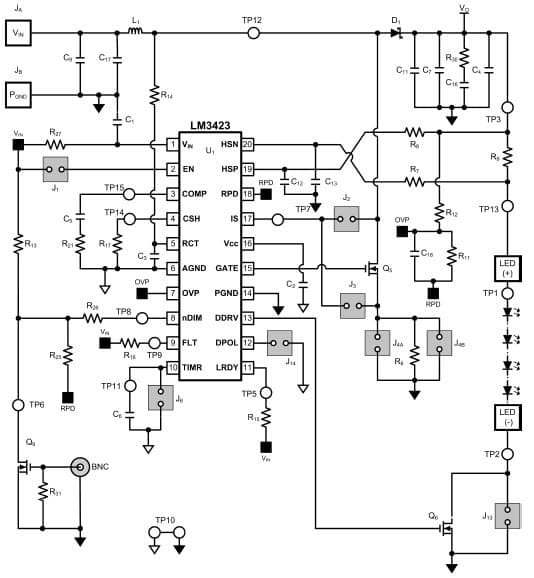 Evaluation Board using LM3423 boost regulator for 2 to 8-LEDs High Powered LED Driver