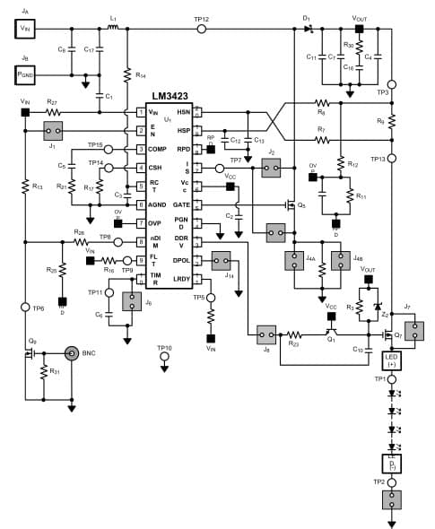 Evaluation Board using LM3423 boost regulator for 2 to 8-LEDs High Powered LED Driver