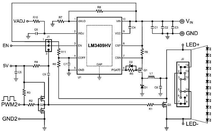 LM3409HVEVAL/NOPB, Evaluation board using LM3409, 12-LEDs General LED Driver for Automotive Lighting