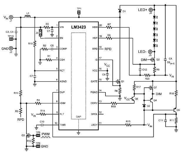 LM3423BBLSCSEV/NOPB, Evaluation Board using LM3423 buck-boost 2 Layer for 4 to 8-LEDs General LED Driver